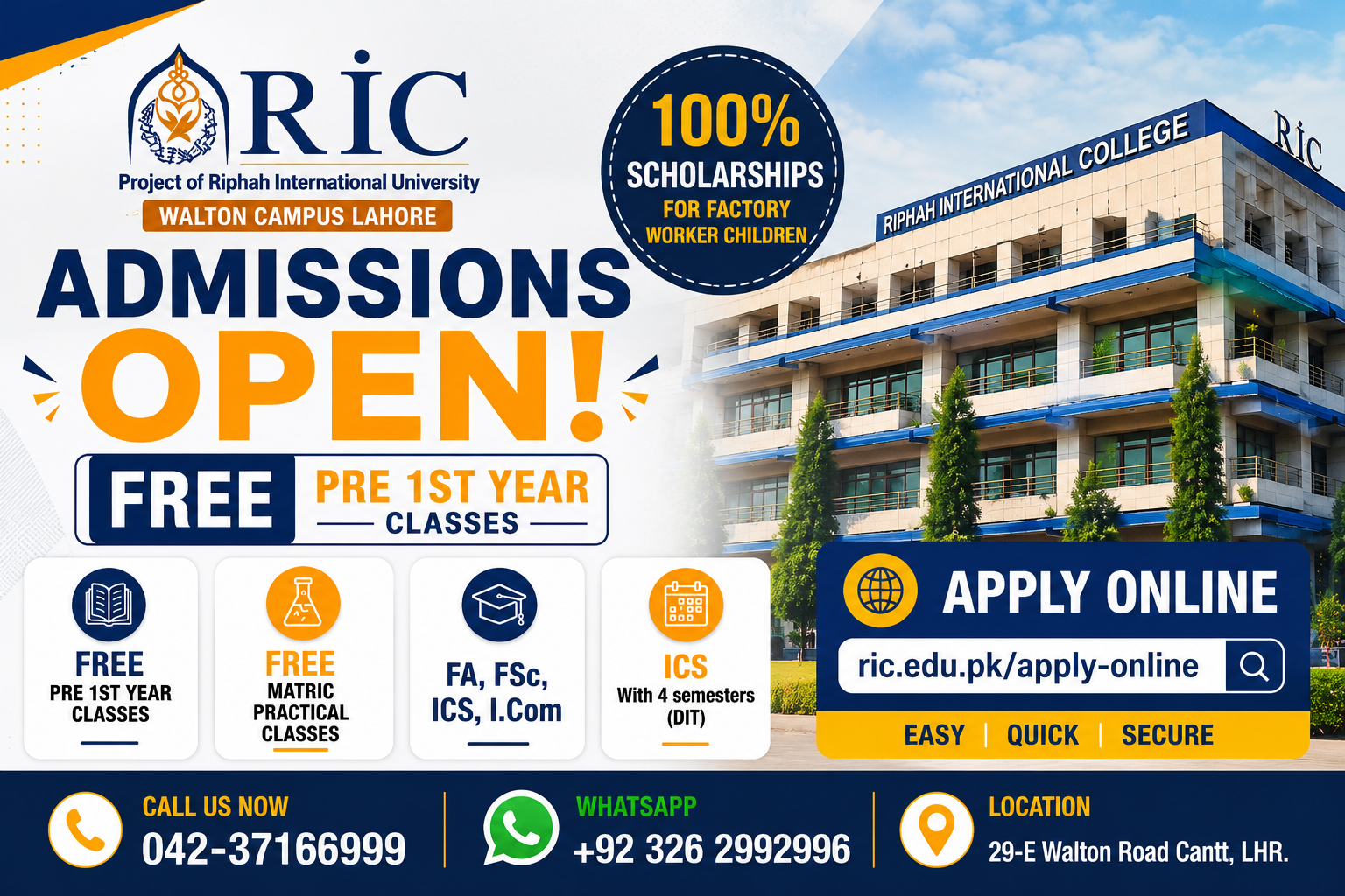 RIC Walton Campus Lahore Admissions open 2026 Apply Online