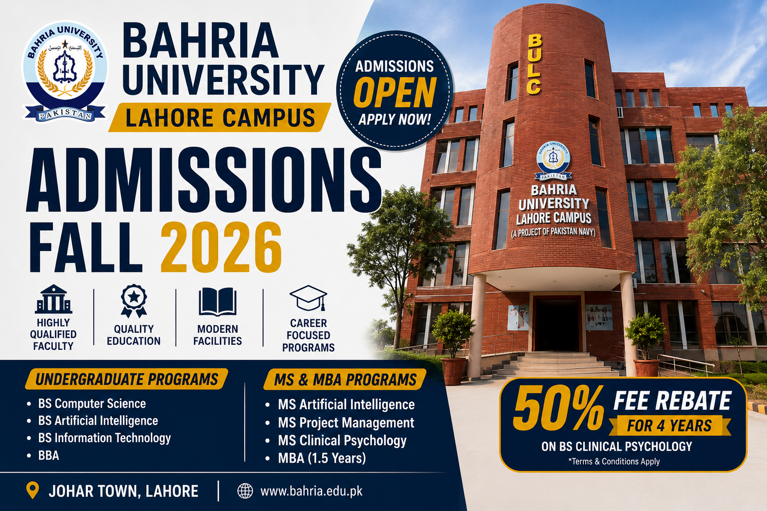 Bahria University Lahore Admissions Fall 2026 Open –Apply Online
