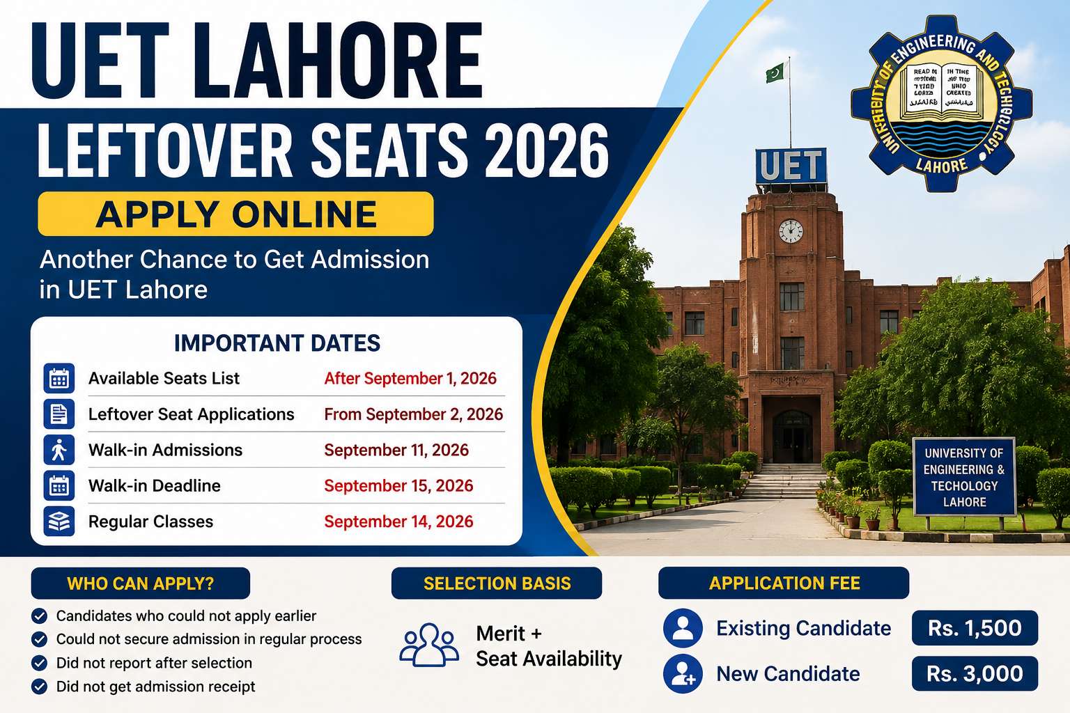 UET Lahore Leftover Seats 2026 -Apply Online & Admission