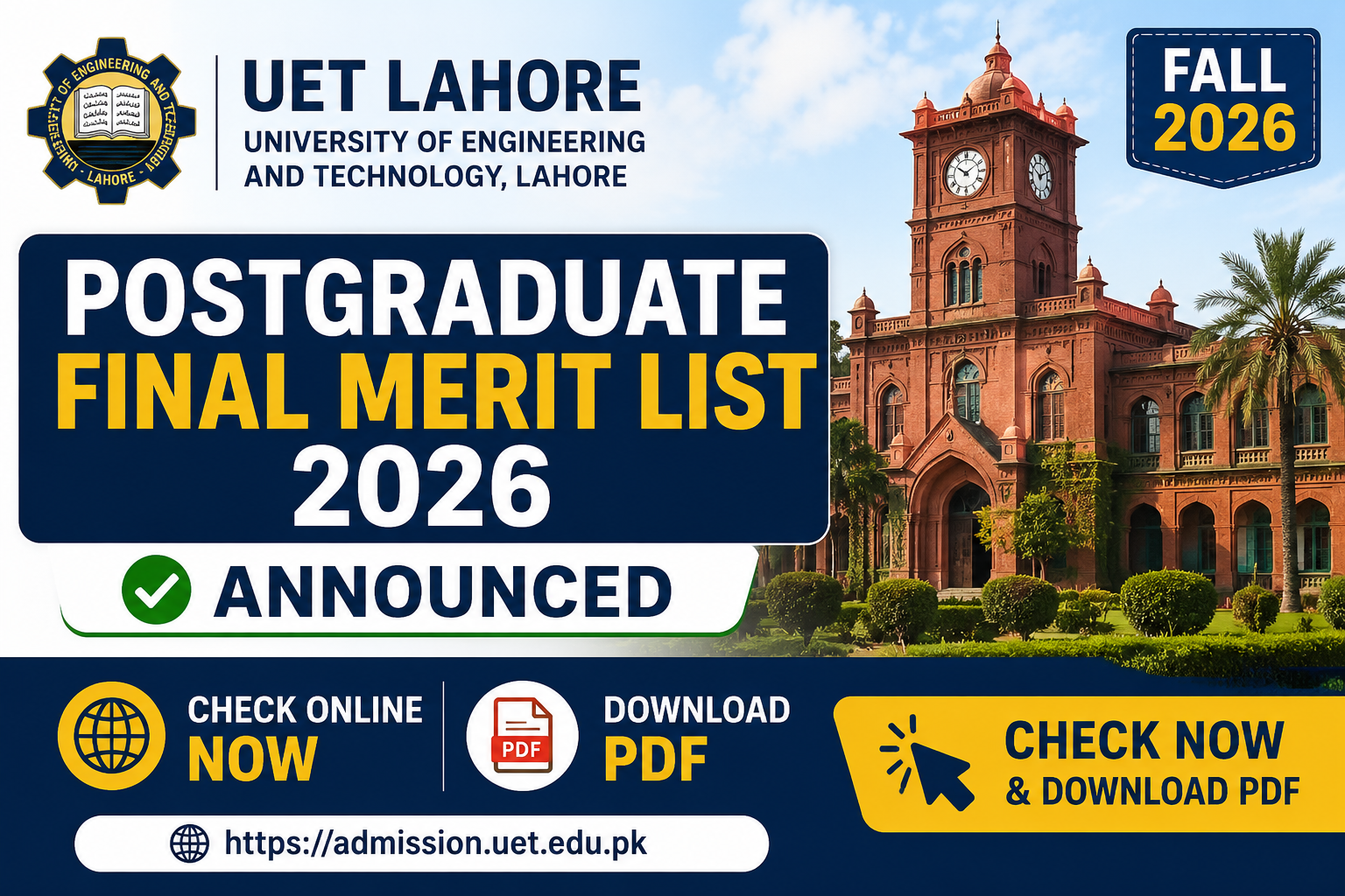UET Lahore Postgraduate Final Merit List 2026 – Download PDf